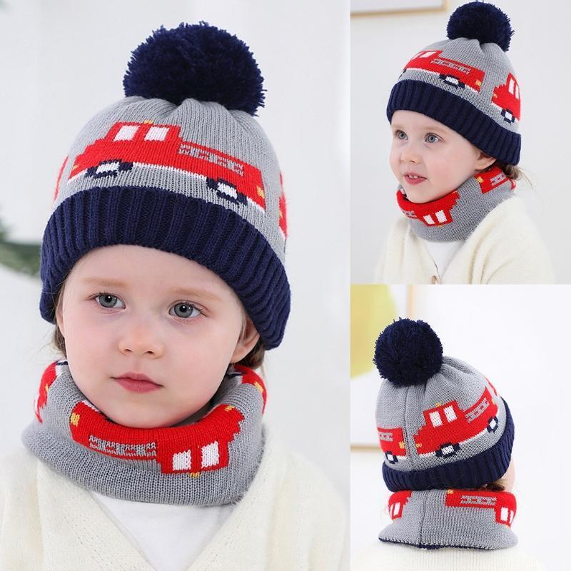 0-4Y Kid Winter Hat Scarf Set Pom Pom Cap Baby Knitted Hats Knitted Beanie