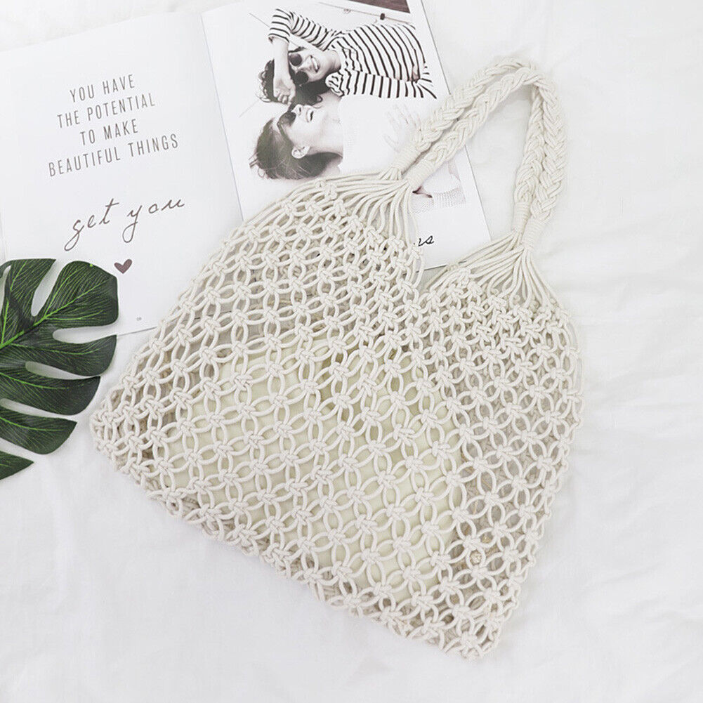 Womens Straw Hollow Beach Shoulder Bags Vacation Shopper Handbag (White)