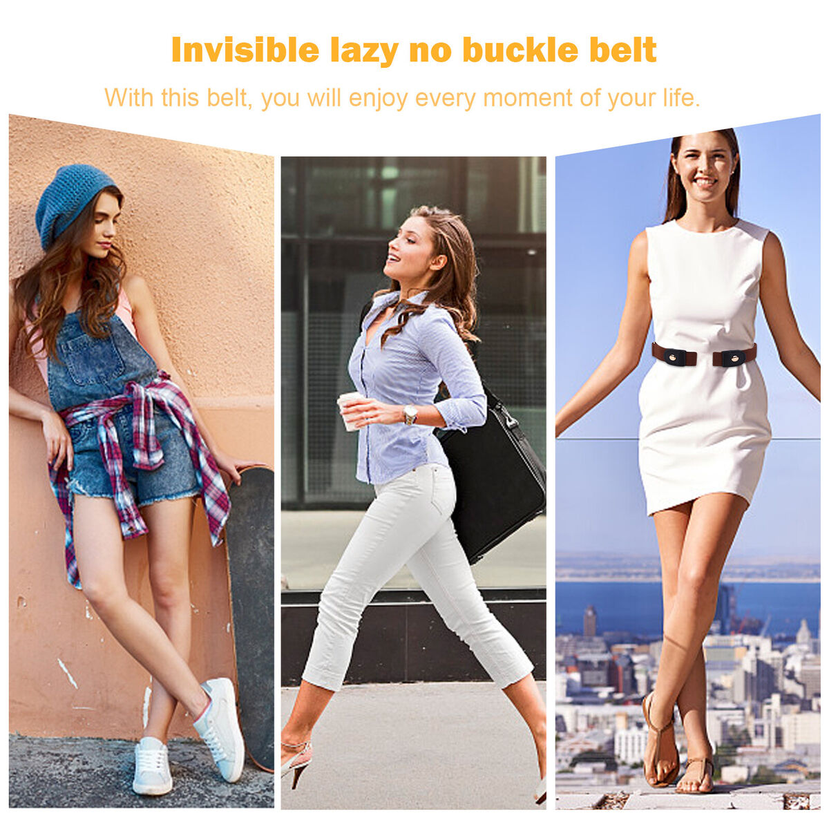 Invisible Belts 4pcs Buckle Free Elastic Belts (Black Brown Blue White)