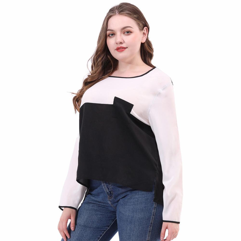Plus Size O-neck Tops Women Long Sleeve Splicing Color T-shirts (White 5XL)