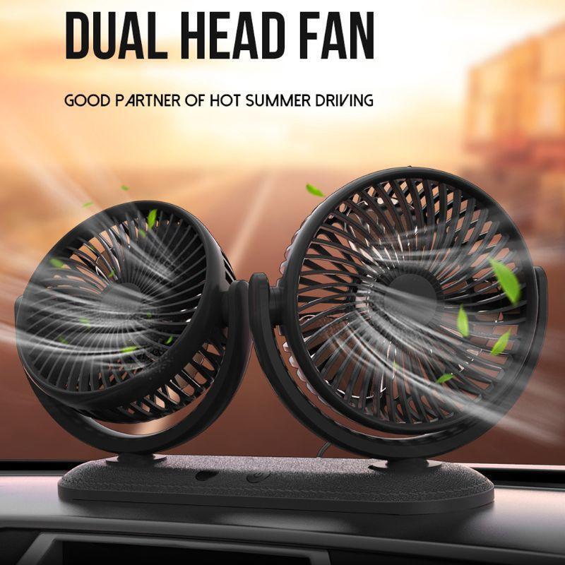 USB 5V 2A Fan 360° Rotatable Dual Head Car Fan Adjustable 3 Speeds Dashboard RV