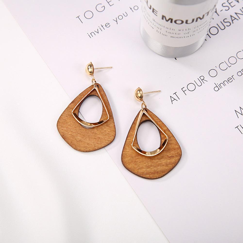 Geometric Hollow Wood Water Drop Dangle Earrings Women Jewelry (Coffee)