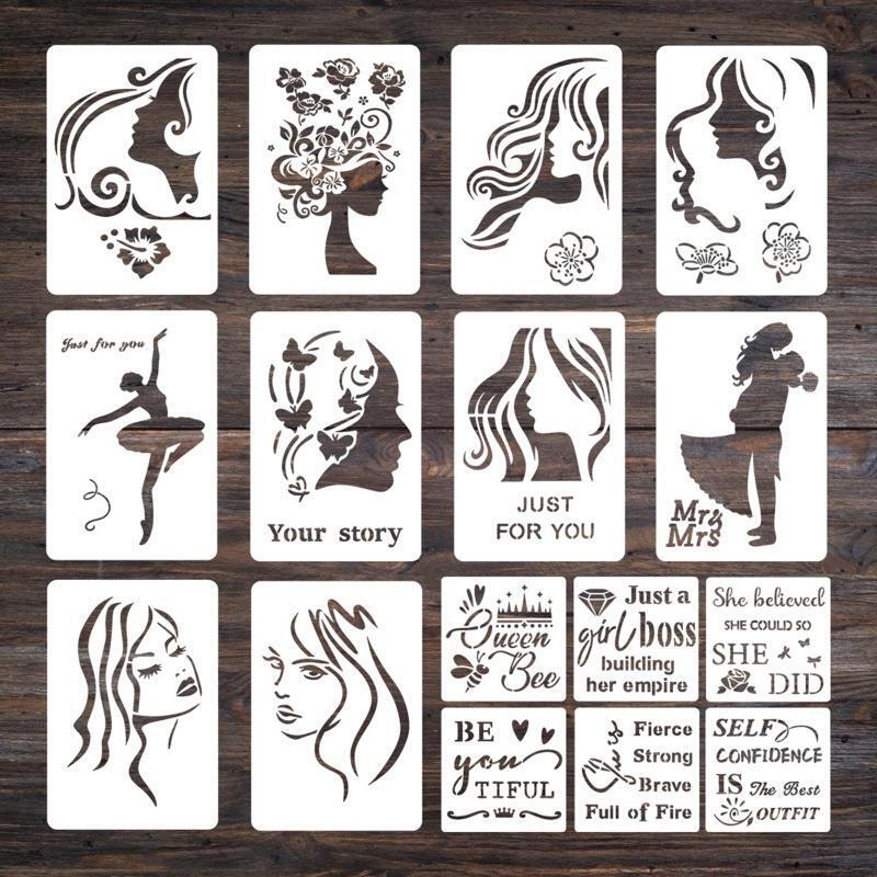 Beautiful Women  Painting Template Set of 16 Hollow Plastic Stencils DIY
