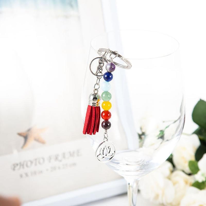 Lotus Tassel Keychain Colorful Stone Beads 7 Chakras Keyring for Bag Charm Gifts
