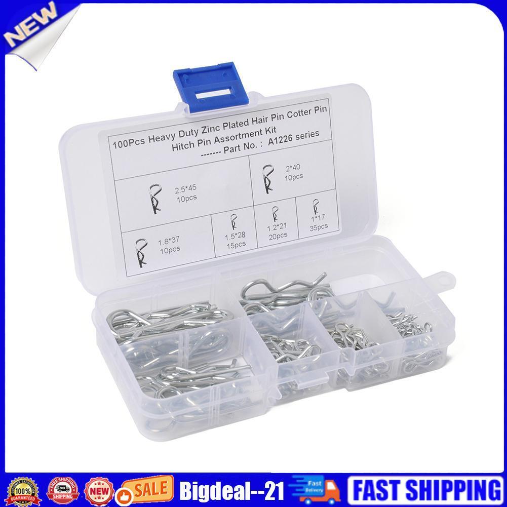 100pcs R Cotter Pins Tractor Pin Clips Split Fastener Pins w/ Plastic Box