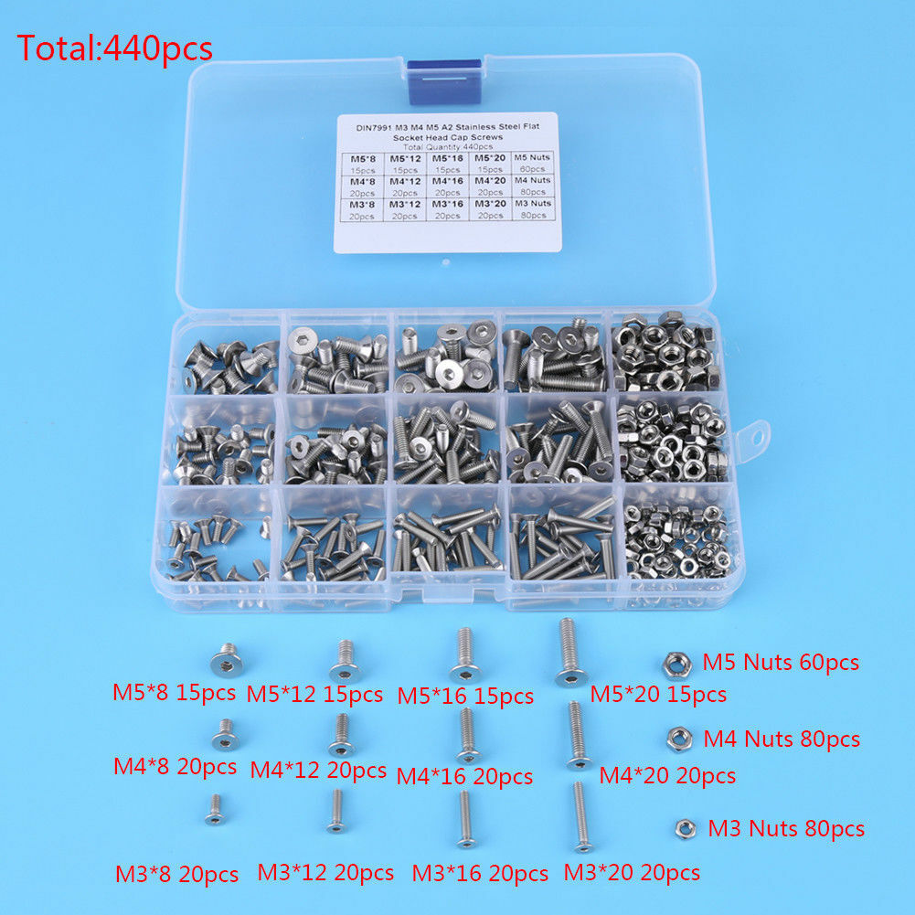 440pc M3 M4 M5 Stainles Steel Hex Socket Flat Head Screw Bolts Nuts kit Durable