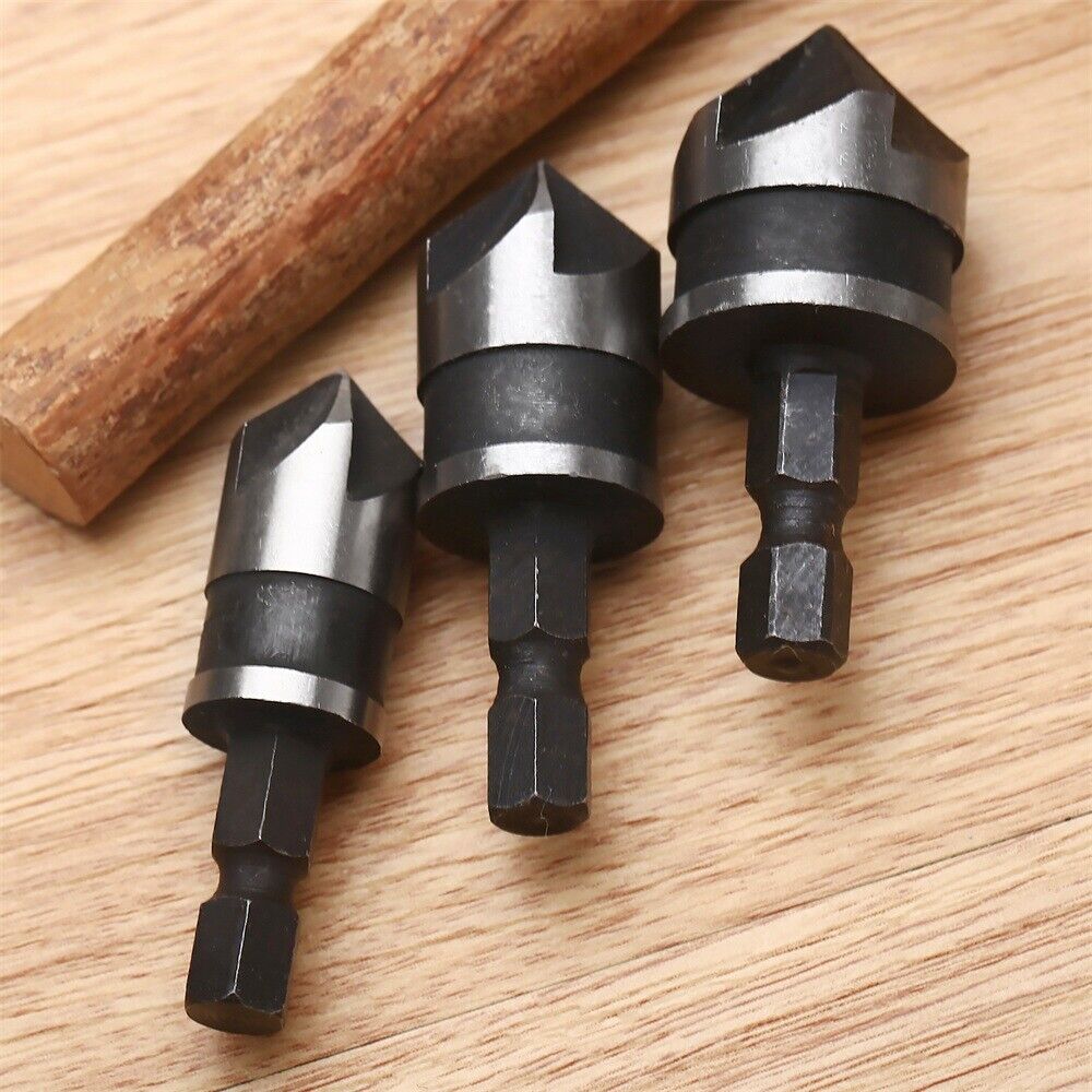 3Pcs Hex Shank 90° Degree 5 Flute Countersink End Chamfer Wood Drill Bit Set
