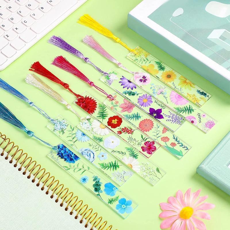 Exquisite Floral Bookmarks Clear Flower Page Marker w/ Colorful Silky Tassel 8x