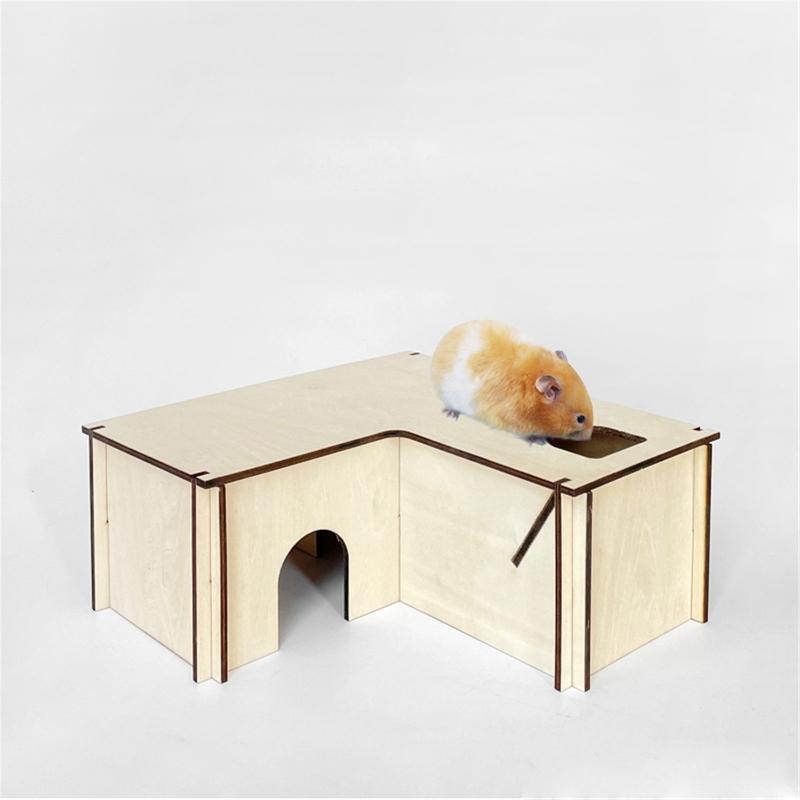 Syrian Hamster House Wooden Hideout 3-Room L-Shape Safe for Small Animals