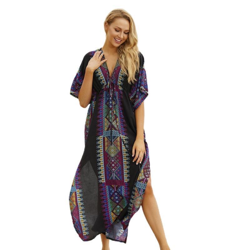 Women Geometry Print Boho V-Neck Bikini Cover Up Half Sleeve Beach Dress Kaftans
