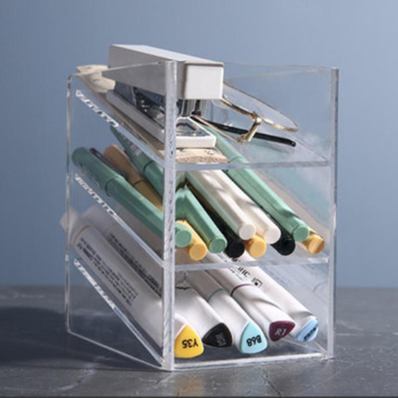 Desktop 3-grid Clear Pen Holder Transparent Makeup Tools Organizer Holder Box