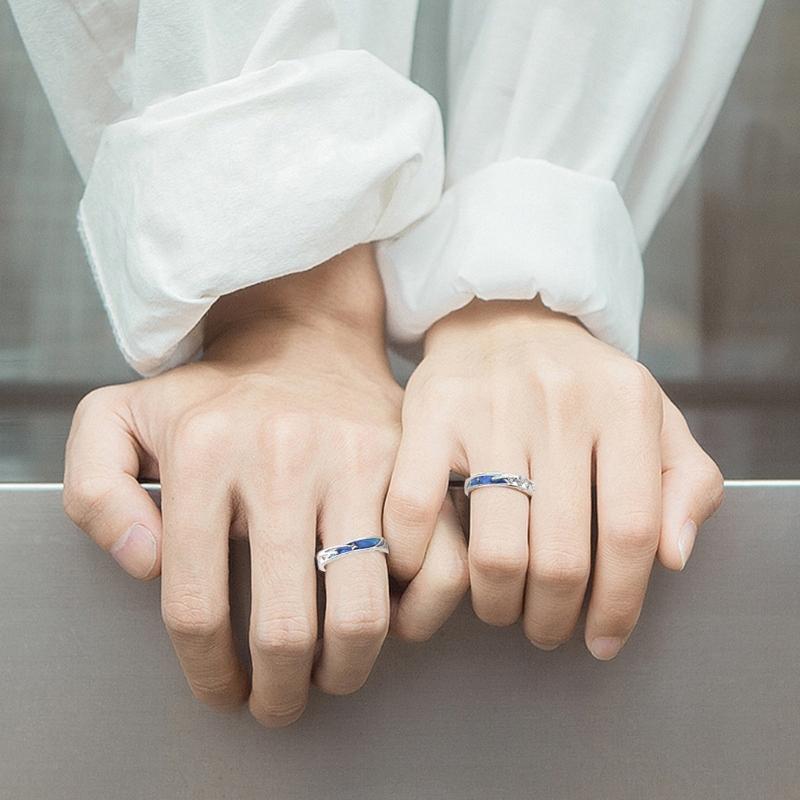 2Pcs Sea Blue Meteoric Star Lover Couple Rings Band Matching Set for Him and Her