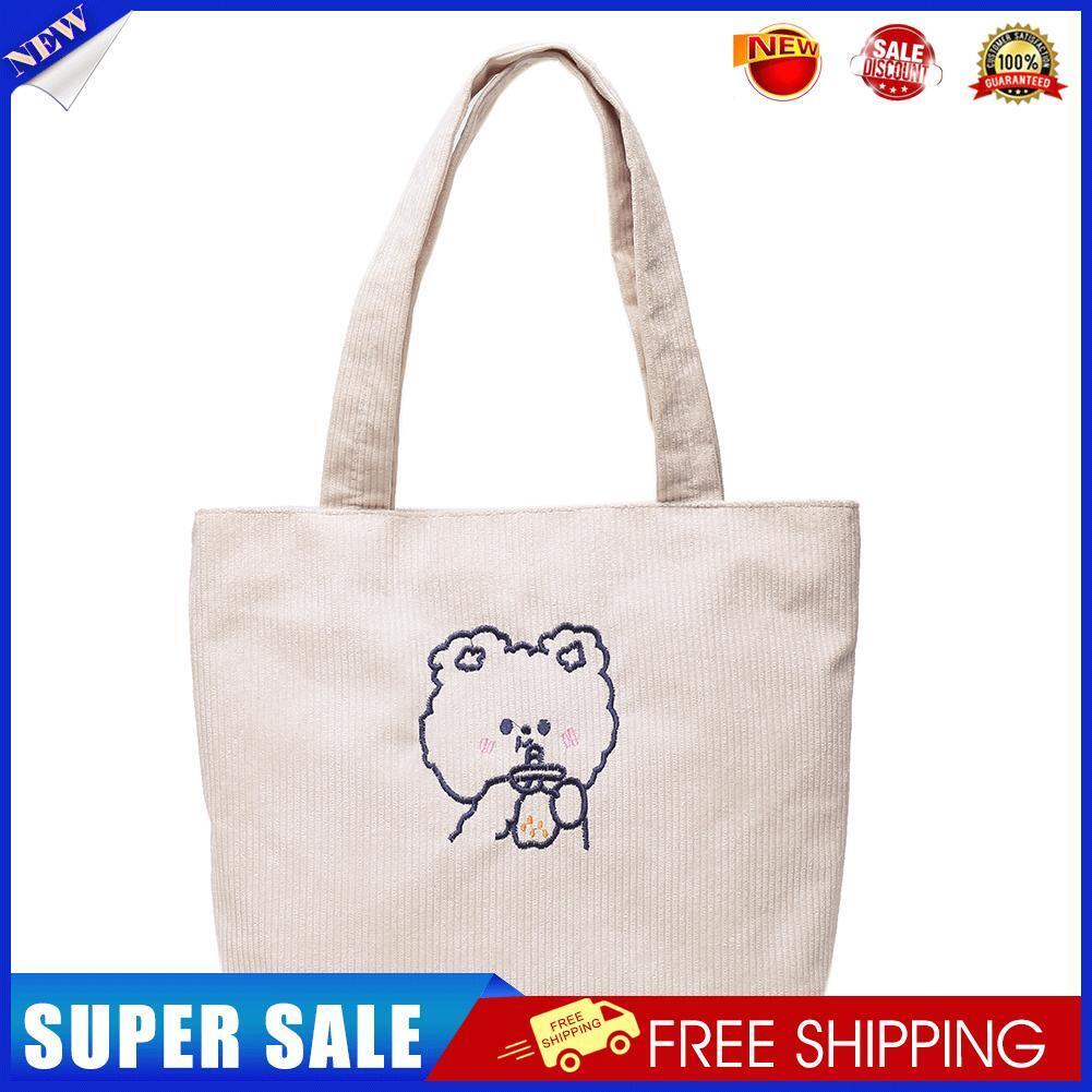 Women Corduroy Shoulder Bag Cartoon Bear Shopping Handbags Totes (White)