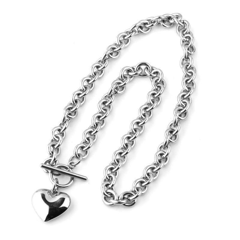 Girl Heart Shaped Toggle Bracelet Stainless Steel Chain Pendant Necklace Jewelry