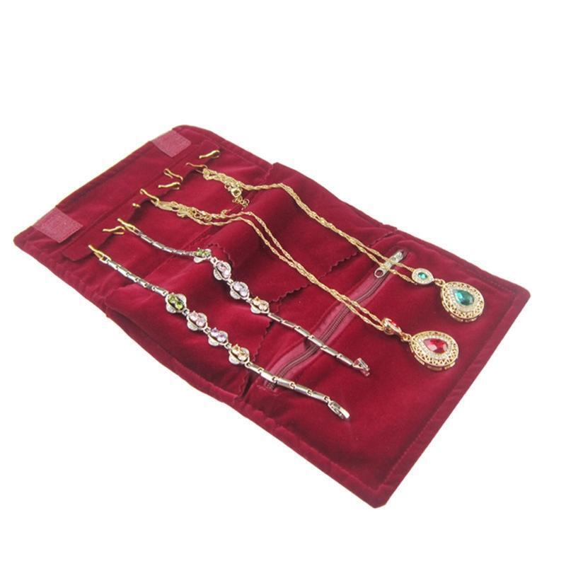Velvet Jewelry Organizer Roll Travel Zipper Case Pouch Storage Bag for Necklace