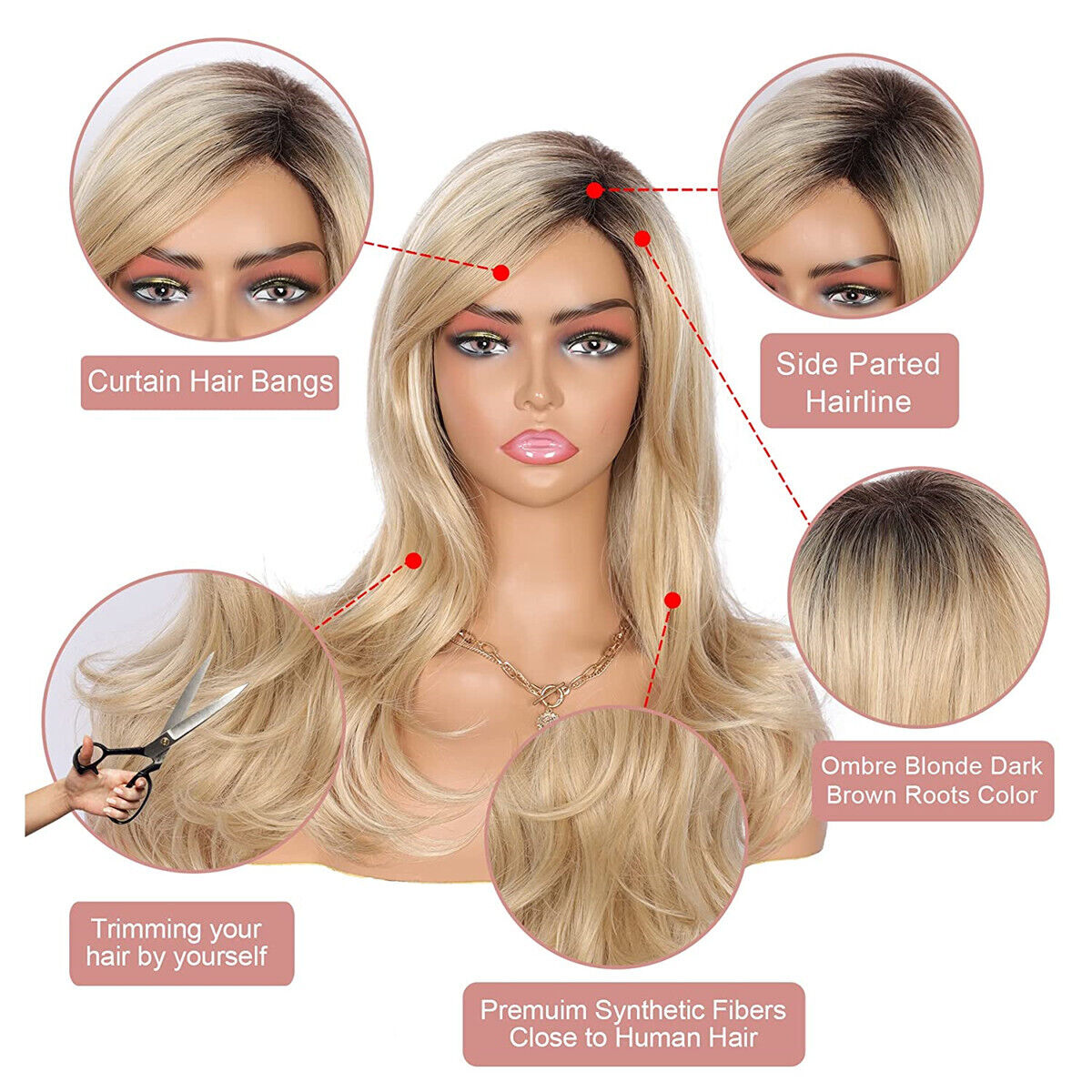 Ladies Ombre Blonde Dark Brown Roots Long Curly Wavy Heat Resistant Hair Wig