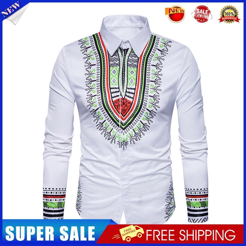 Spring Men Turn Down Collar Totem Print Long Sleeve Ethnic Shirt(White XL)-
