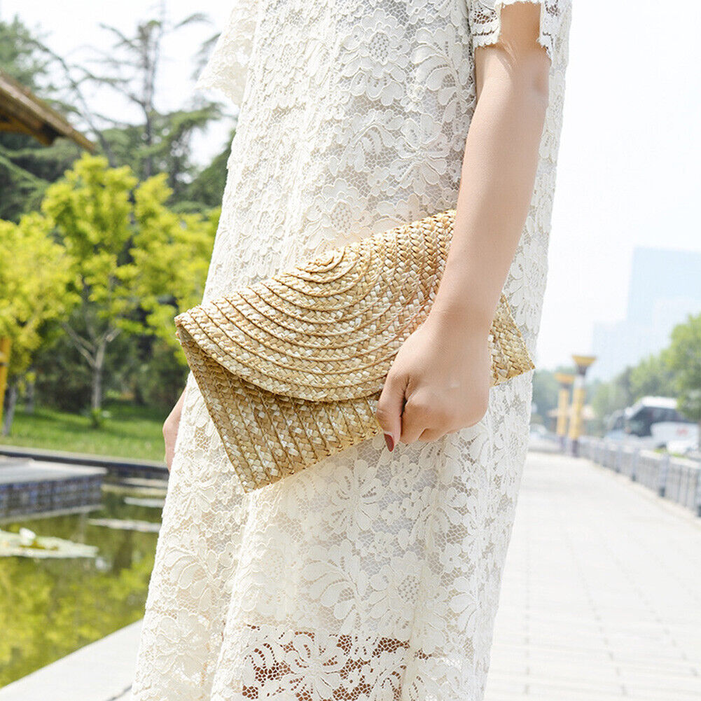 Women Wheat Straw Woven Clutch Bag Handmade Beach Travel Envelope Handbags
