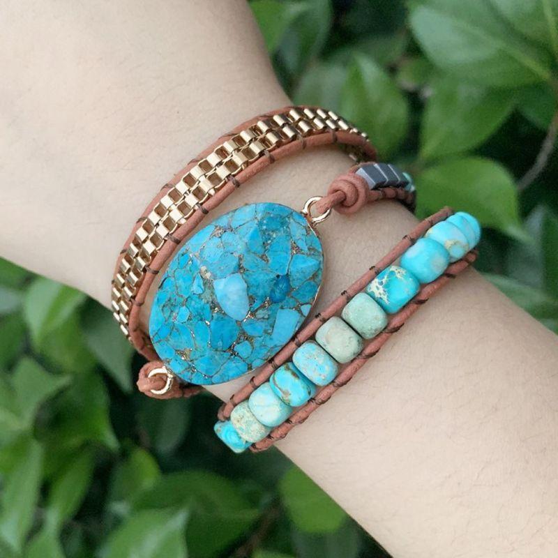 Women Handmade Natural Stone Crystal Hematite Bead Mixed Wrap Leather Bracelet