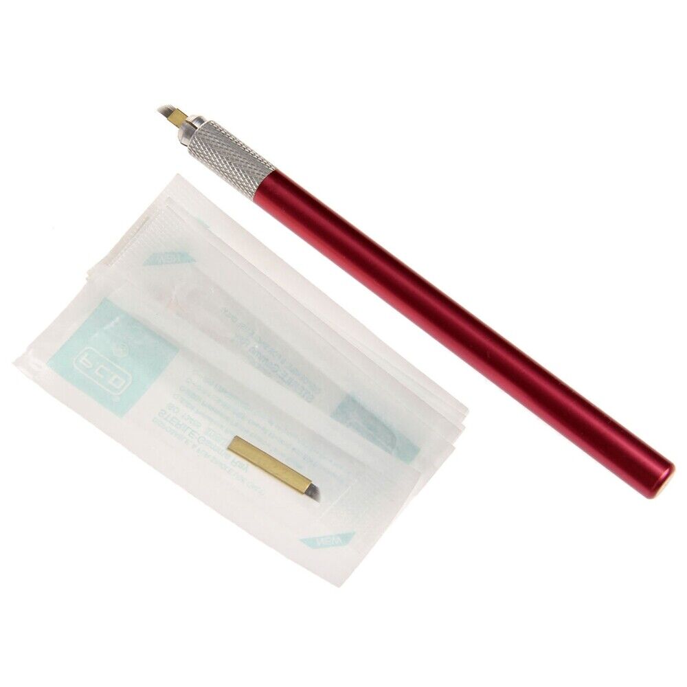 5.08" Red Manual Tattoo Pen Permanent Makeup Lip Eyebrow + 10Pcs 12pin Blades