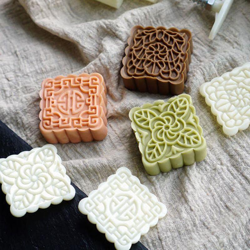 250g Mooncake Mold with 6pcs Square Flower Stamps Hand Press Moon Cake Pastry