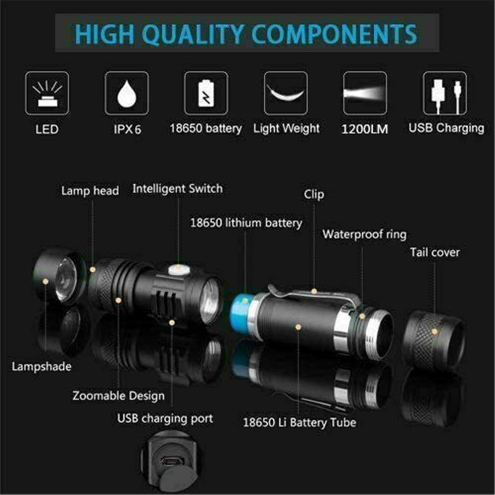 lamp beads USB Super Bright Rechargeable Battery LED Flashlight Torch  Zoomable