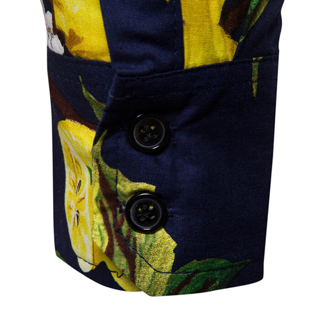 Men Long Sleeve Lemon Beach Fashion Turn Down Collar Shirt(Navy Blue 2XL)-2