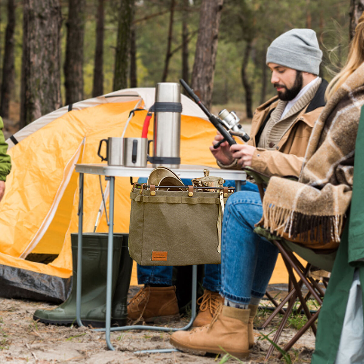 Camping Table Side Storage Bag Multifunction Canvas Bag with Hook (Khaki)