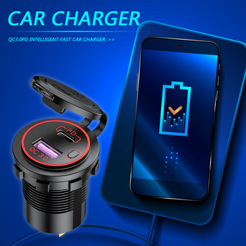 Car Boat Dual USB Charger PD + QC 3.0 USB Charger Socket + Wires (Red)
