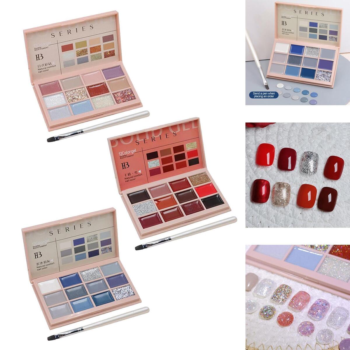 3 Pieces Solid Gel Nail Polish Palette Kit Glitters Design Salon Nail Glue