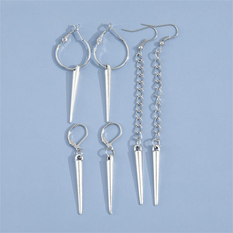 3 Pairs Punk Rock Metal Cone Circle Hoop Earrings Long Chain Dangle Earrings