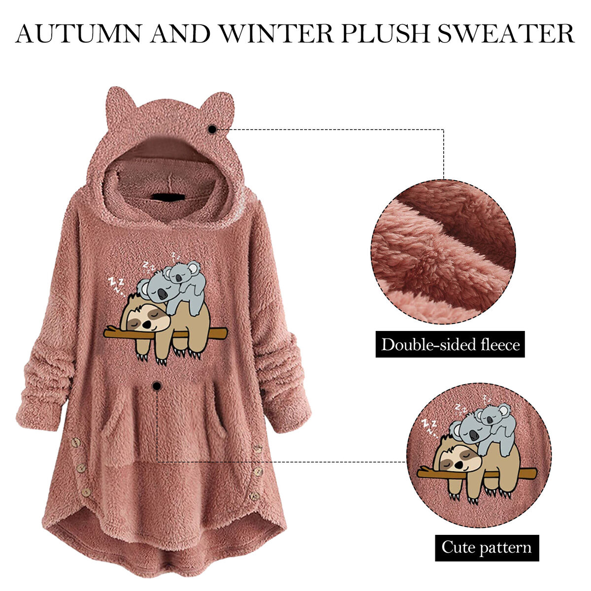 Sherpa Hood Wearable Blanket Plush Fleece Blanket Sweatshirt (Sloth Pink M)