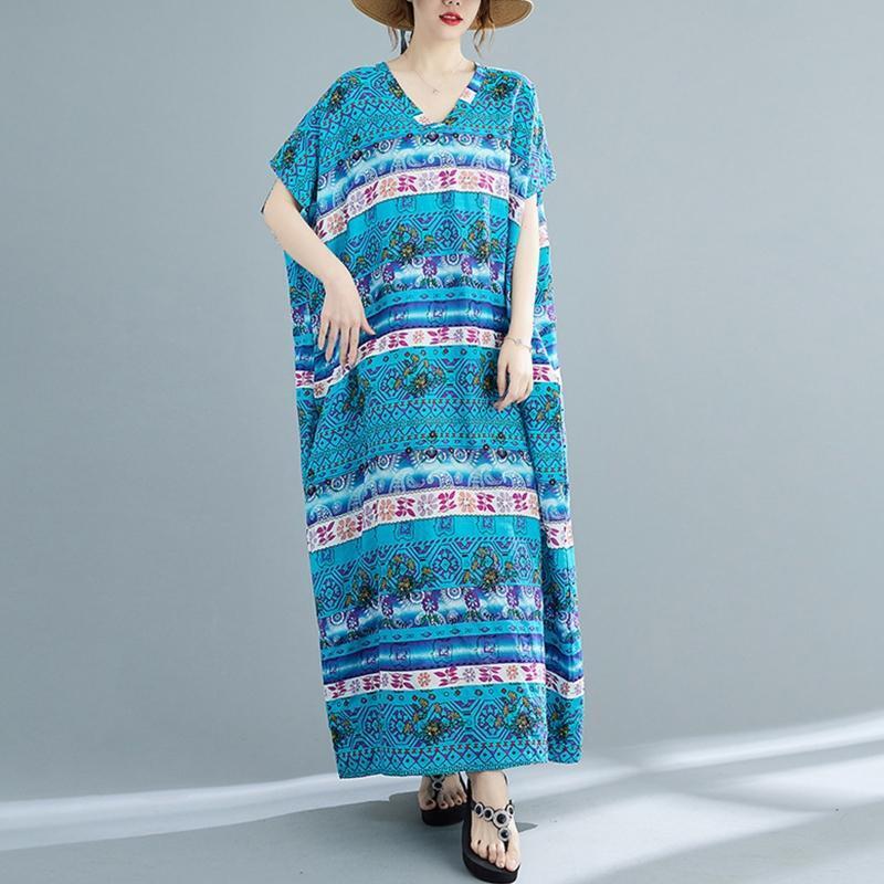 Women Short Sleeve Kaftan Dress Floral V-Neck Loose Maxi Robe Swimsuit Cover Up