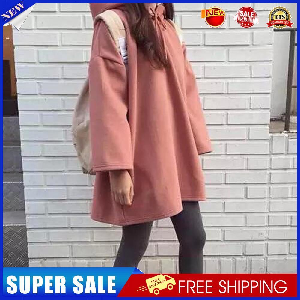 Fashion Women Winter Loose Fleece Hoodies Solid Color Pullover (Pink)(L)