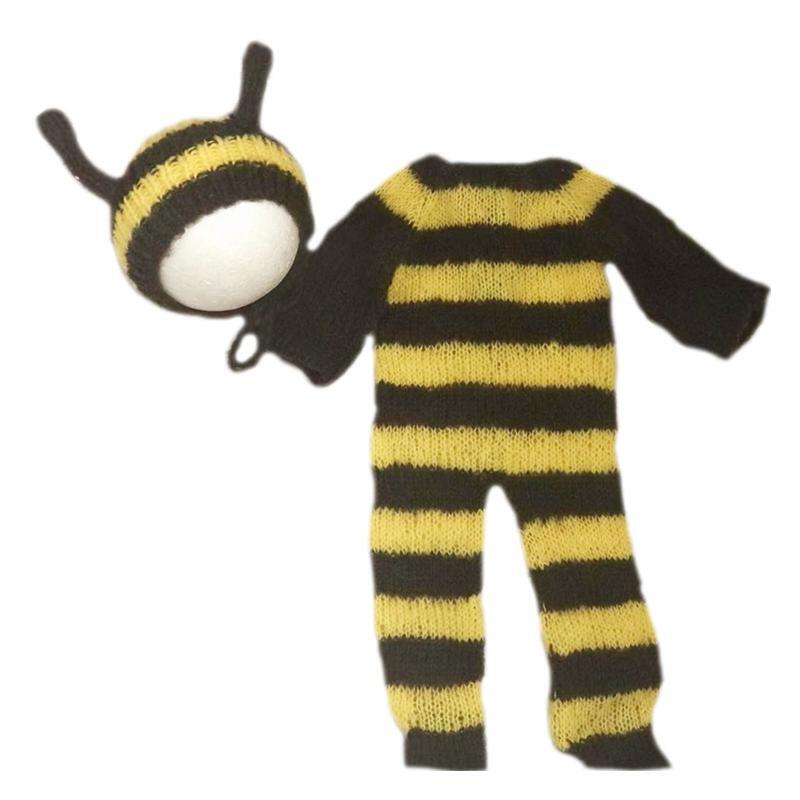 2Pcs Newborn Photography Props Bee Outfit Baby Romper Hat Set Infants Photo Prop