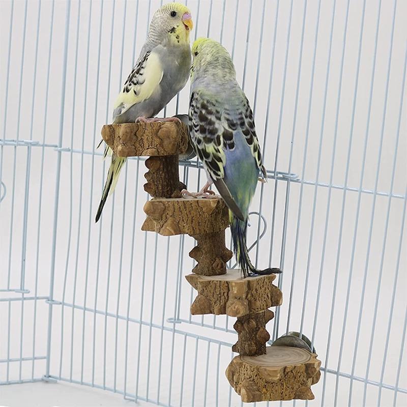 Bird Wooden Perch Platform Natural Wood Training Stand 4 Steps Climbing Ladder
