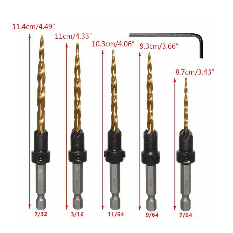 7/64" ?9/64"?11/64"?3/16"?7/32" Multifunctional Wood Countersink Drill Bit Set