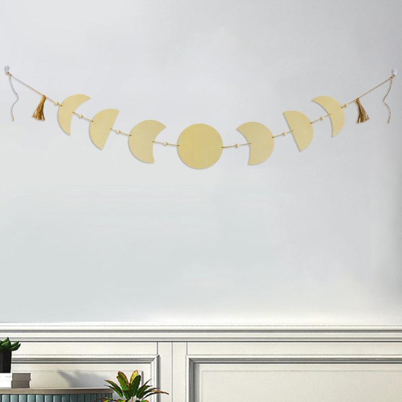 Boho Moon Star Wood Chip Pendant Bohemian Mural Decoration Tassel Bedroom Gift