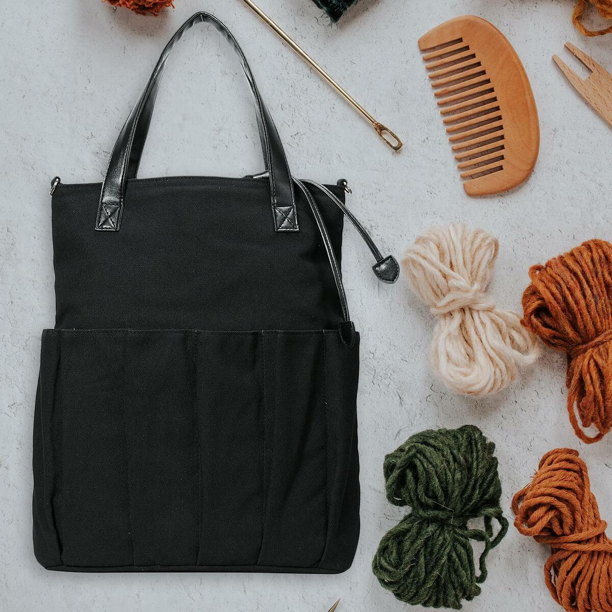 Crochet Bag Yarn Storage Tote Organizer with Pockets Drawstring Rope Case