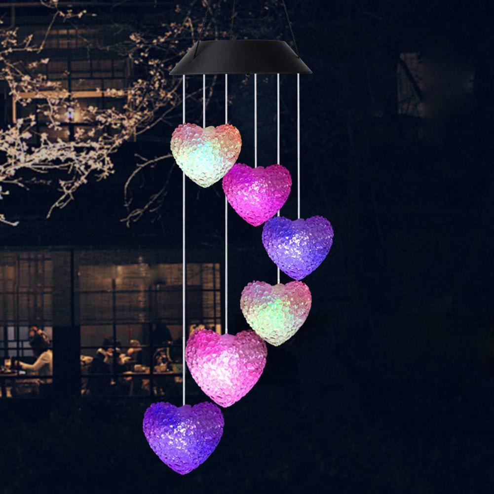 6LED Colorful Love Heart Wind Chime Lamp Solar Powered Garden Hanging Lamp