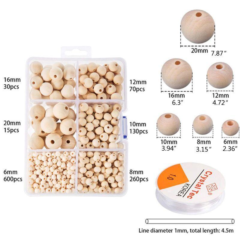 1105Pcs 6 Sizes Wooden Beads Natural Round Wood Beads Kit Jewelry Craft Making