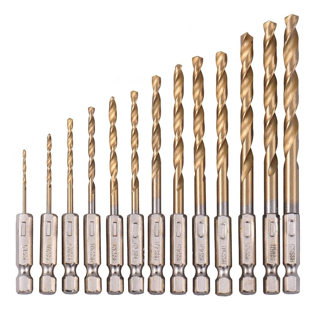 13pc 1/4" Hex Fitting Titanium Drill Bit Set For Metal Wood fits impact