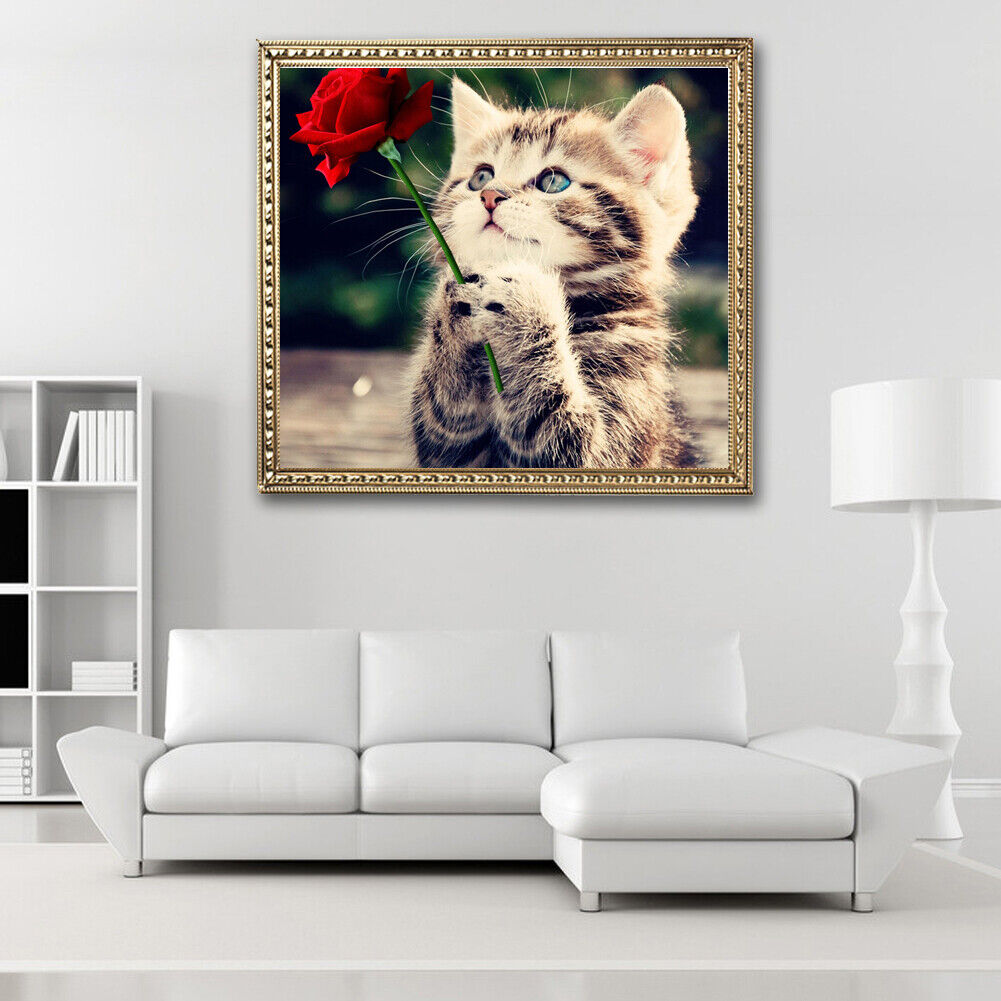Naughty Kitten Cat Rose 5D Diamond DIY Painting Craft Home Decor