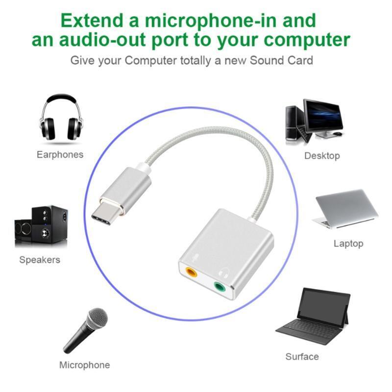 USB Type-c Audio Adapter External Stereo Sound Card with 3.5mm Headset Mic Jack