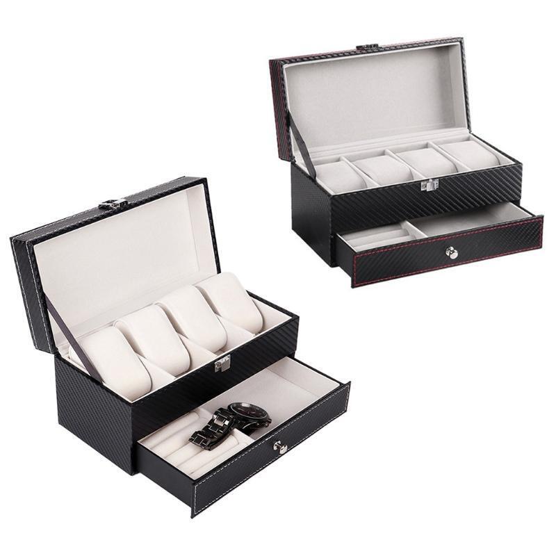 4 Grids Double Layers Watch Box Case PU Watch Jewelry Rings Earring Organizer