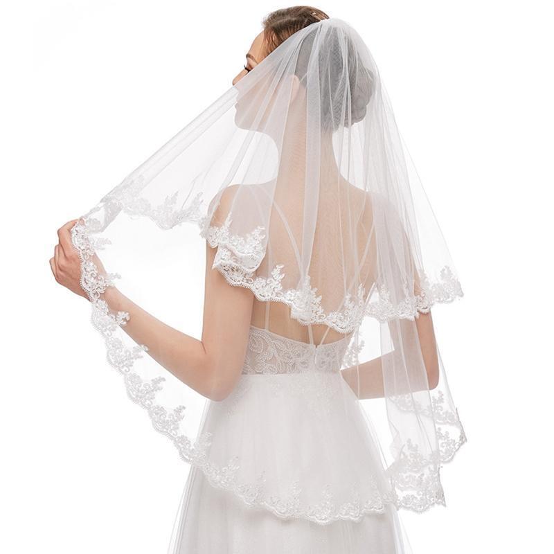 Wedding Veil Double Layers Lace Trims Elbow Length Short Tulle for Brides
