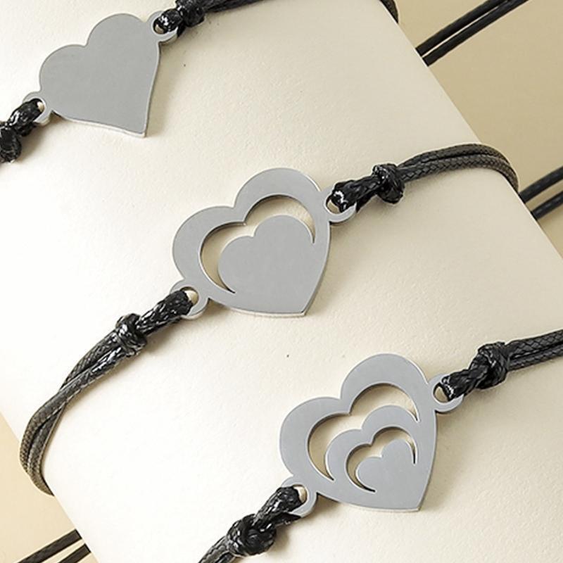 3Pcs Wax Line Wristband Adjustable Heart Matching Bracelet Sister Gifts