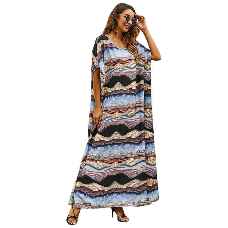 Women Beach Half Sleeve Maxi Dress Turkish Kaftan Wave Striped Bikini Cover Up