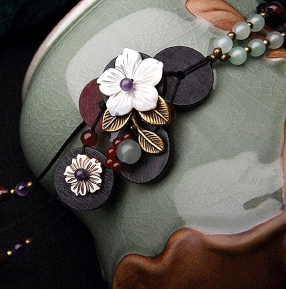 Handmade Long pendants Ethnic exotic necklace wooden necklace Shell flowers