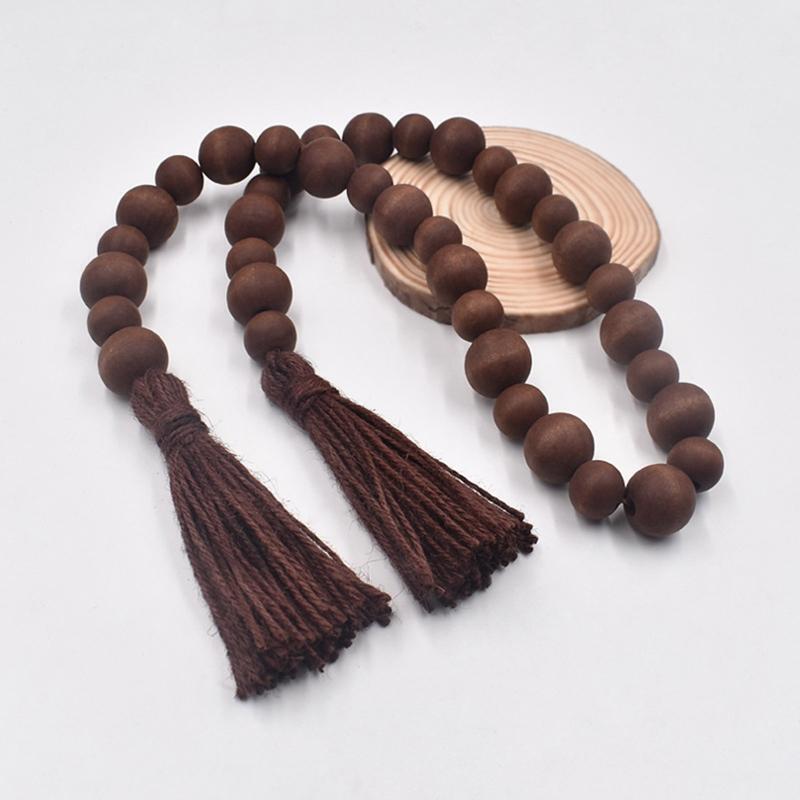 Dark Coffee Color Wood Bead Garland with Tassel Rustic Country Beads Decor